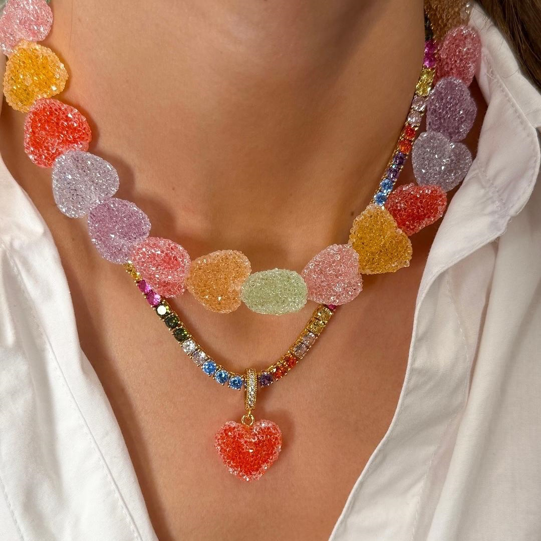 Modern Style Artistic Heart Shape Gold Plated Zircon Resin Beaded Chain Lobster Trigger Clasp Closure Beaded Necklaces Wholesale