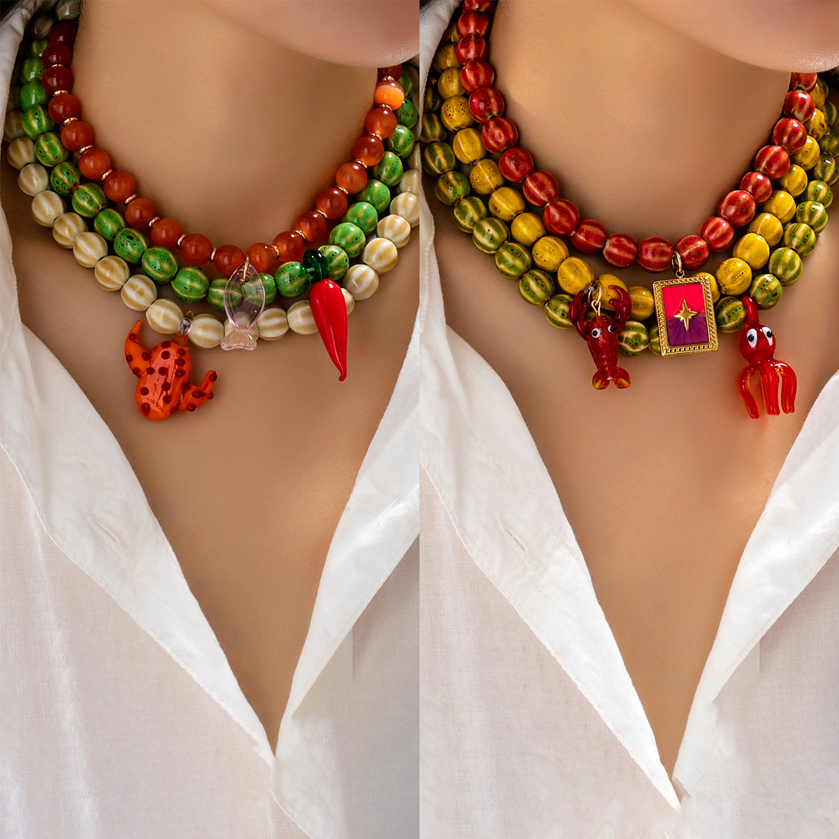 Ocean Pattern Resin Necklace With Beading Craft And Water Plating On Cable Chain