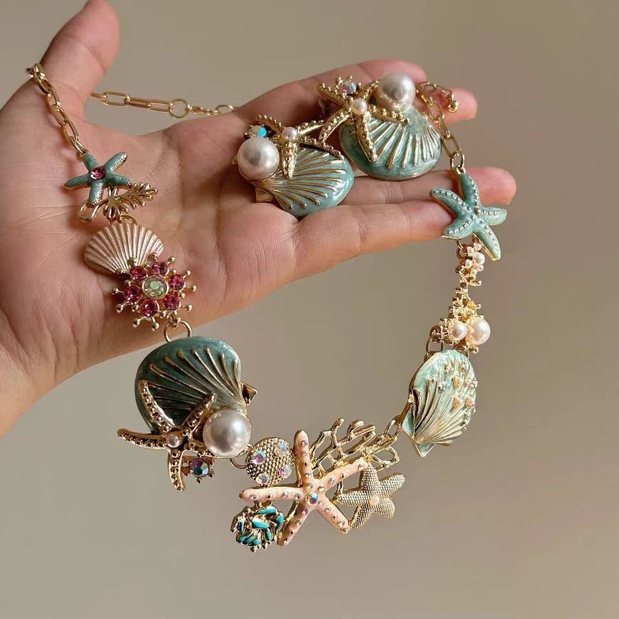 Starfish Marine Style Necklace For Women Featuring Alloy Pendant In Mixed Materials, 1 Set