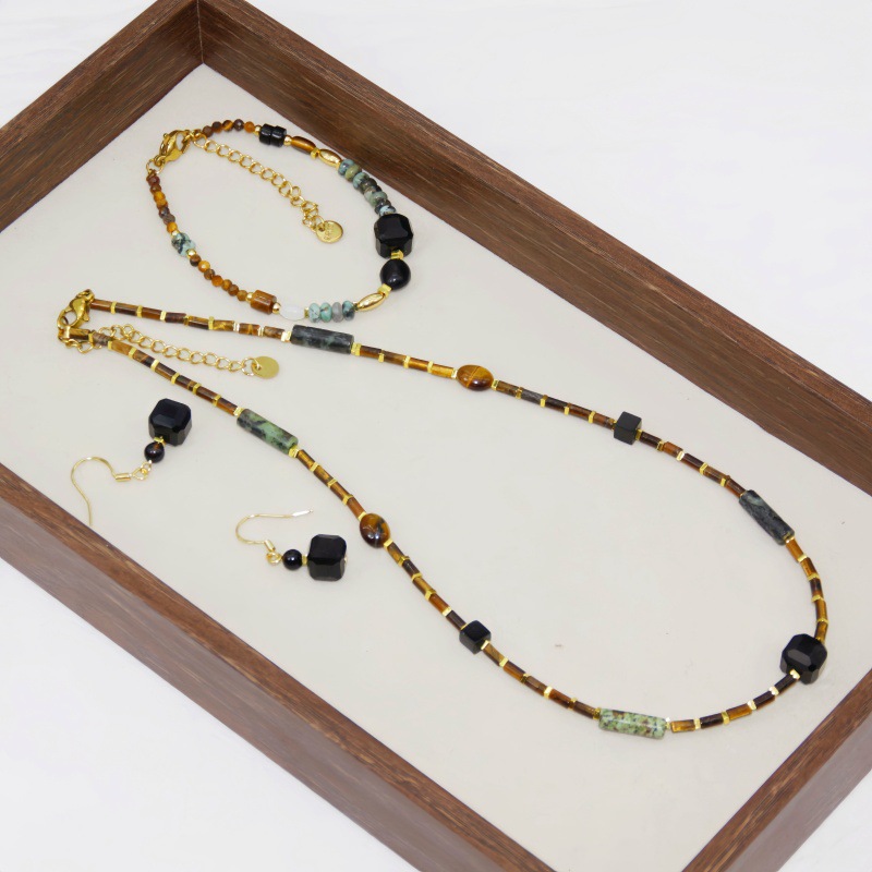 Maillard Style Pearl Beading Necklace For Women In Titanium Steel With Tiger Eye Inlay And Beaded Chain