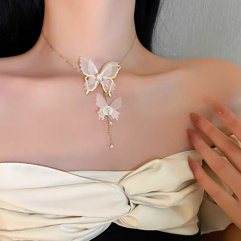 Handmade Butterfly Necklace For Women With KC Golden Plated Iron And Fabric Inlay, Featuring A Box Chain