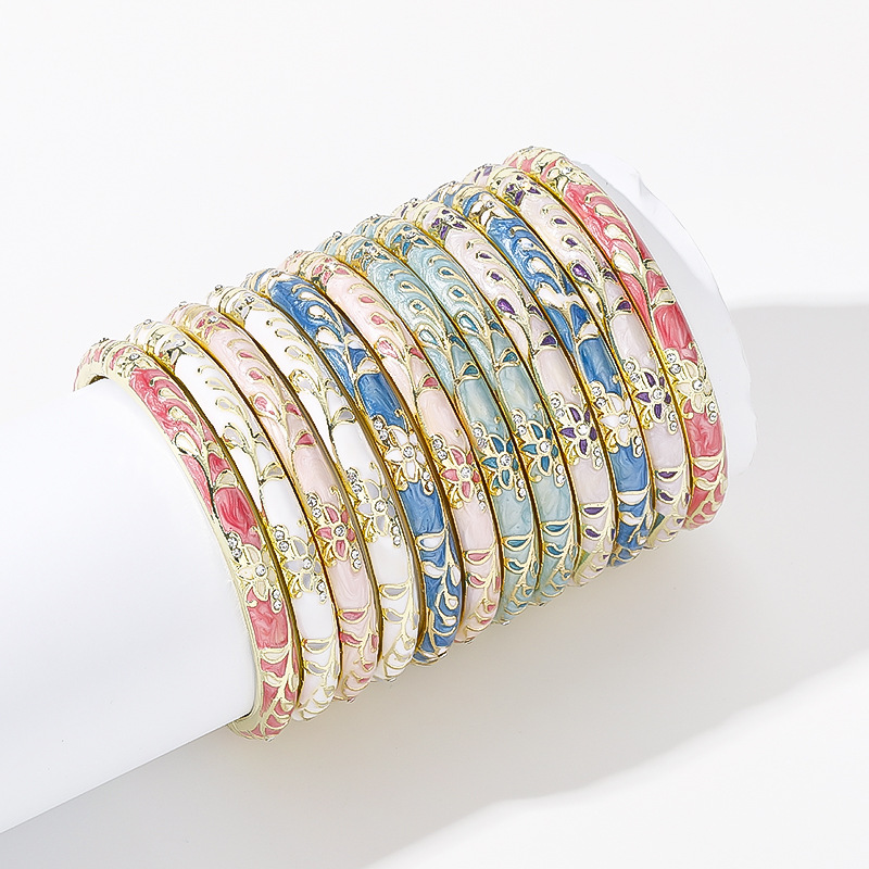 Ethnic Style Enamel Flowers Alloy Bangle Featuring Vibrant Floral Design