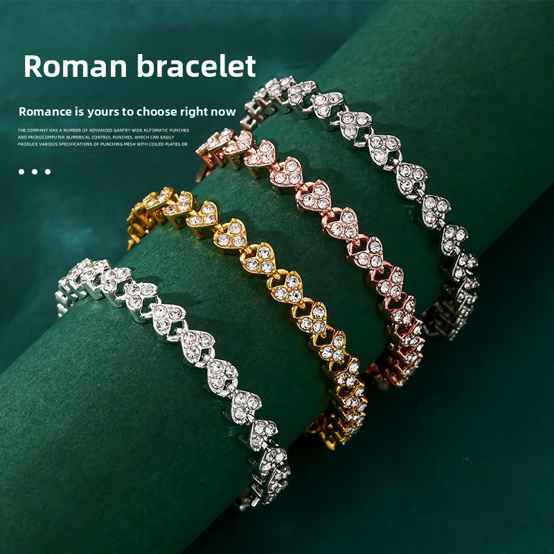 Roman Style Heart Shape Silver Alloy Bracelet For Women With Rhinestone Inlay