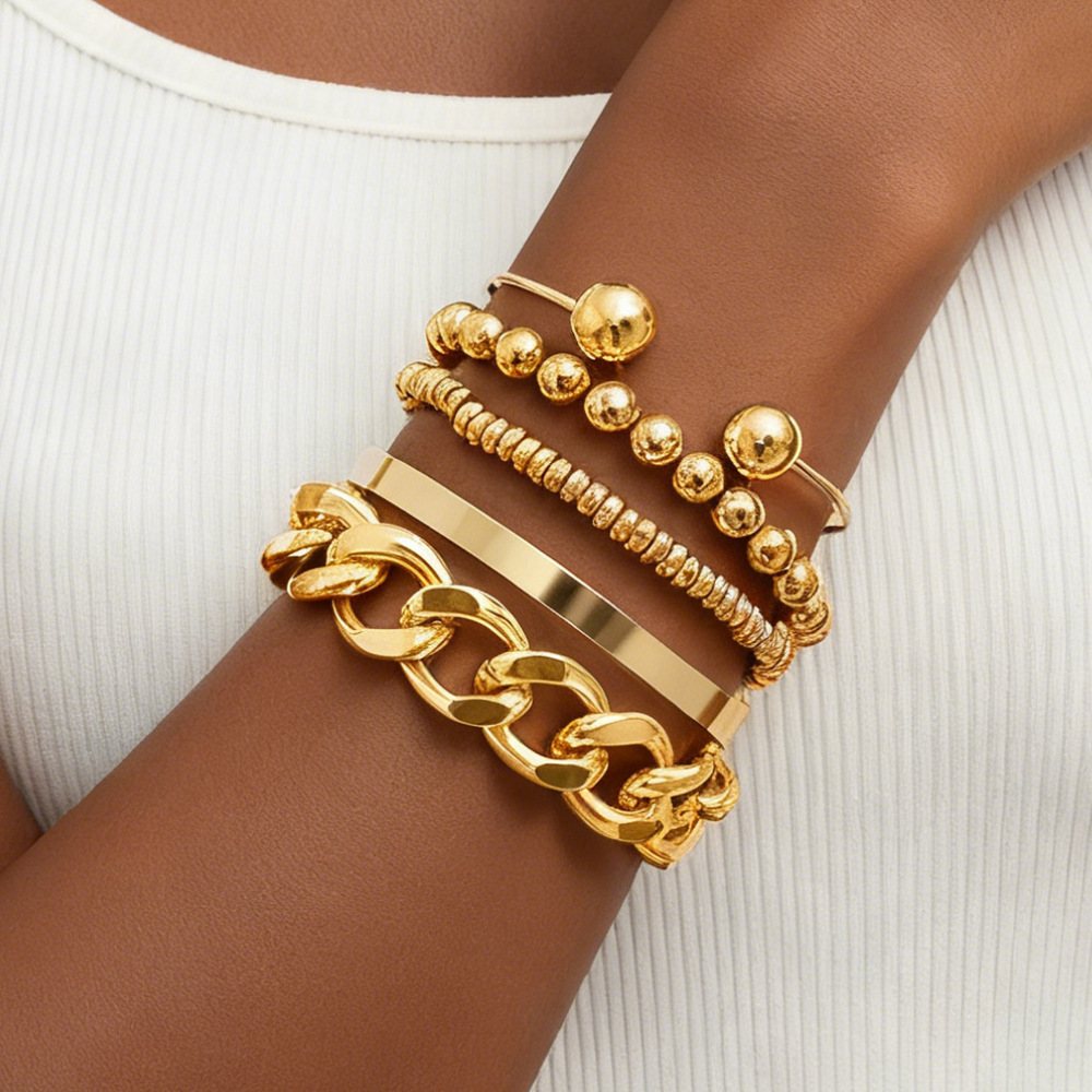 Layered Thick Chain Beaded Bracelet 5-Piece Set For Women Geometric Gold-Plated Copper Alloy Jewelry