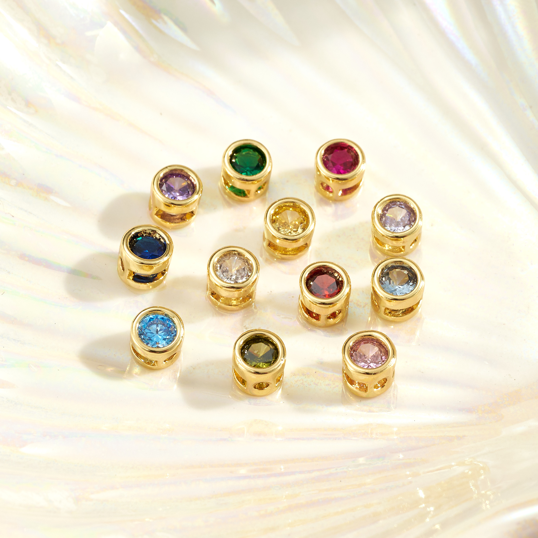 Round Smooth Copper Beads With Zircon Inlay, 18K Real Gold Plated Water Plating, 0.03µm-0.05µm Thickness, 1 Piece Pack
