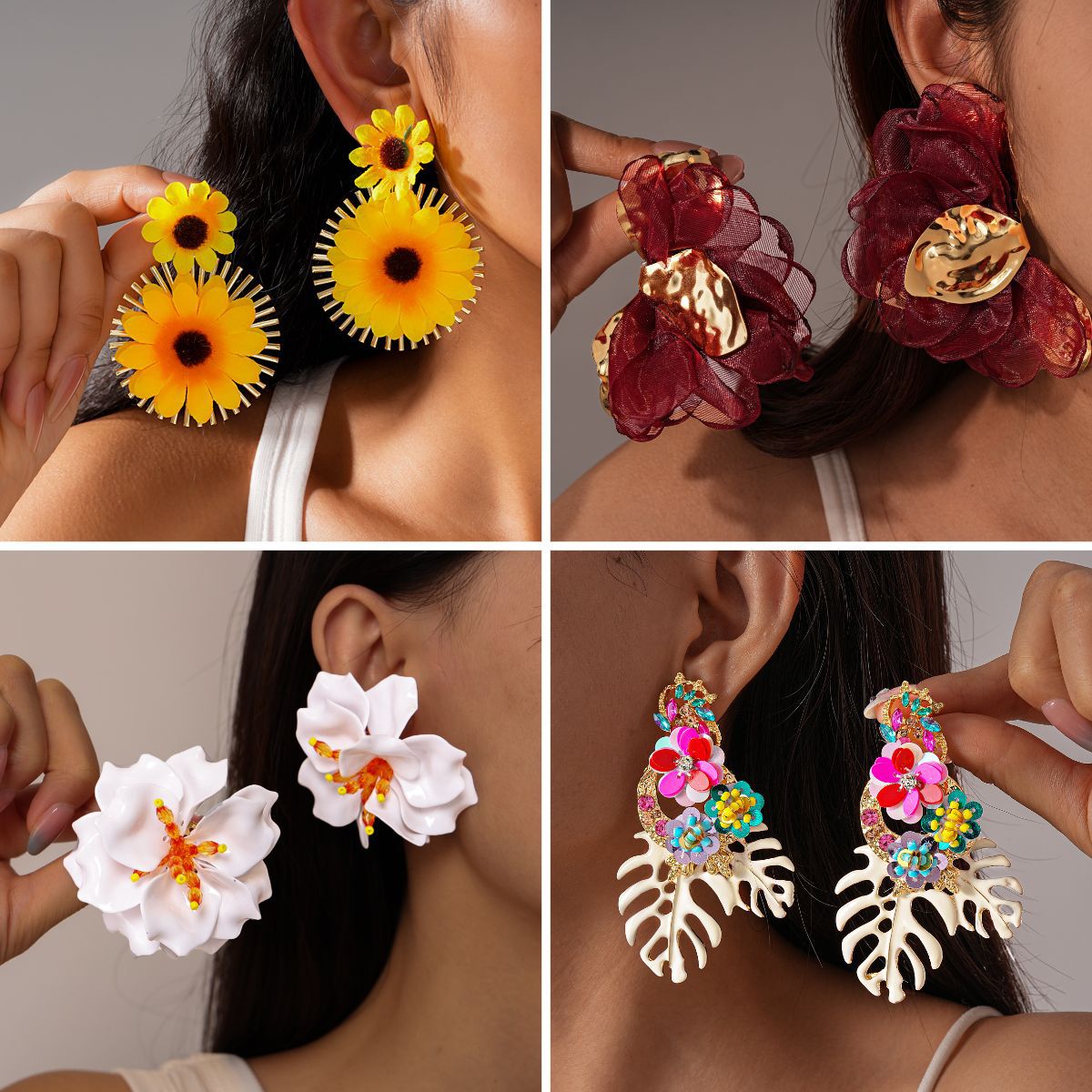Gold Marine Style Flowers Stud Earrings For Women With Raffia And 304 Stainless Steel Posts