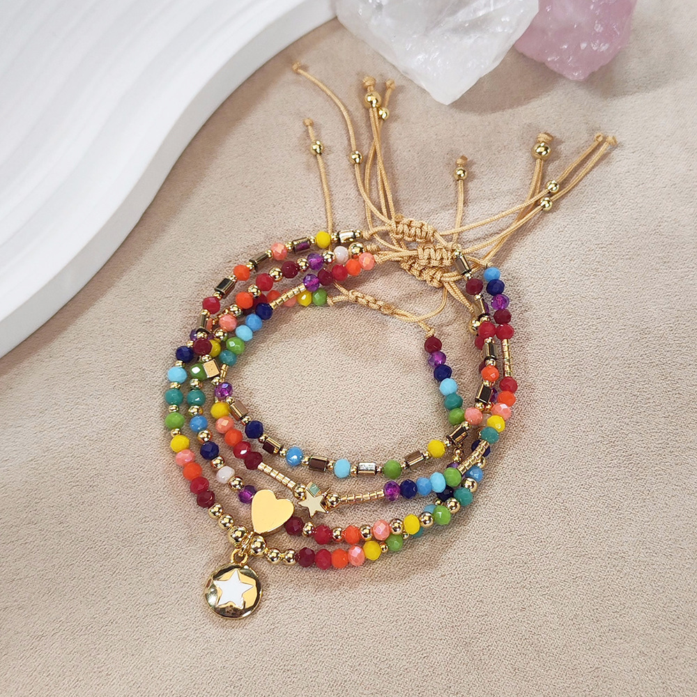 INS Style Cute Geometric Star Heart Shape Artificial Crystal Glass Rope Beaded Chain Slider Clasp Closure Beaded Bracelets Wholesale