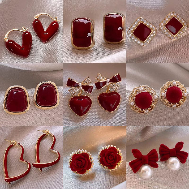 Collection ~ Ankela Red Ear Studs Ear Clip Wine Red Autumn/Winter Earrings New Year Drip Glazed Flocking Simple High-End Sense