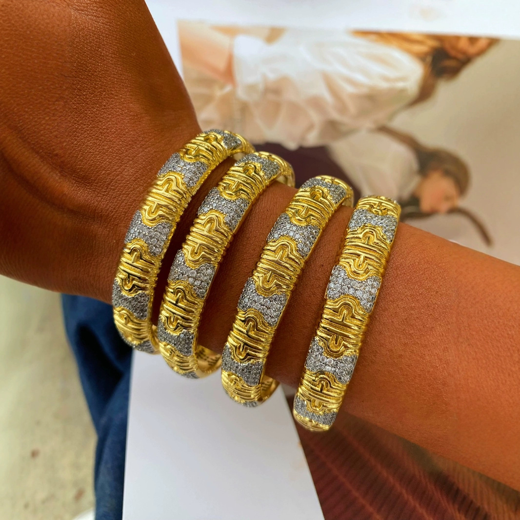 Adjustable Fashion Double Color Gold Ring Bracelet Open Style Jewelry Copper Material Oval And Ring Shaped Plated Hand Accessory