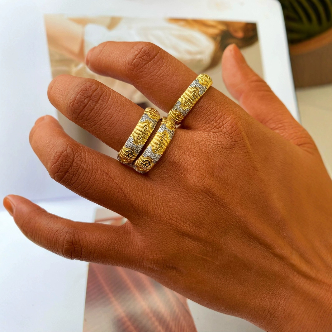 Adjustable Fashion Double Color Gold Ring Bracelet Open Style Jewelry Copper Material Oval And Ring Shaped Plated Hand Accessory 2
