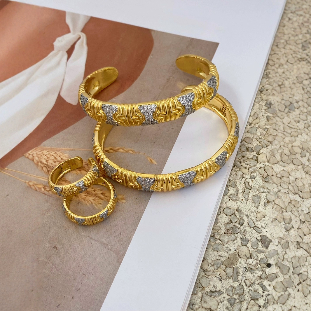 Adjustable Fashion Double Color Gold Ring Bracelet Open Style Jewelry Copper Material Oval And Ring Shaped Plated Hand Accessory 3