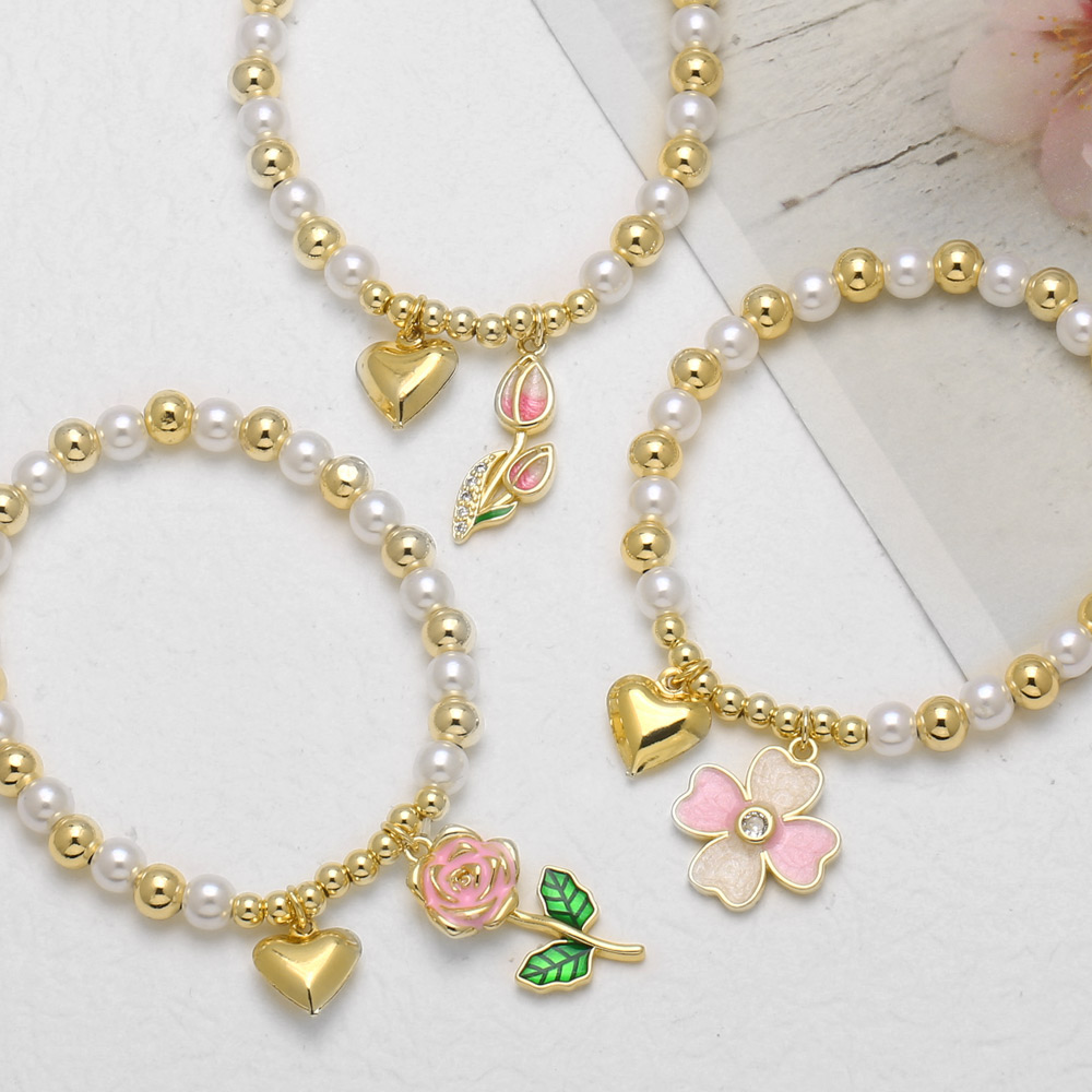 AS Jewelry New  Hot Selling Gold-Plated Heart Oil-Drip Flower Pendant Pearl Bracelet Women's Jewelry Brj81 3