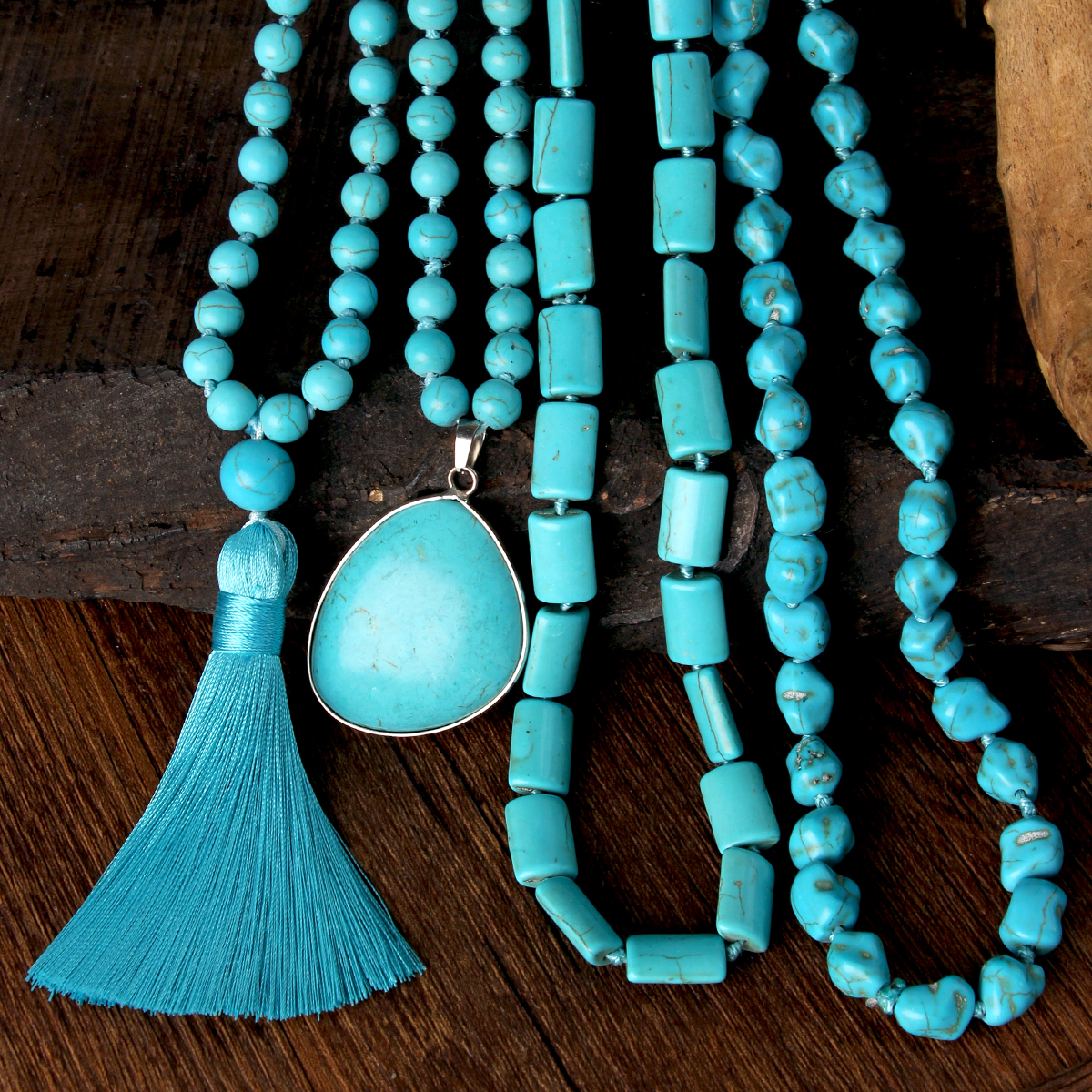 Asymmetrical Irregular Long Necklace For Women With Turquoise Inlay On Beaded Chain