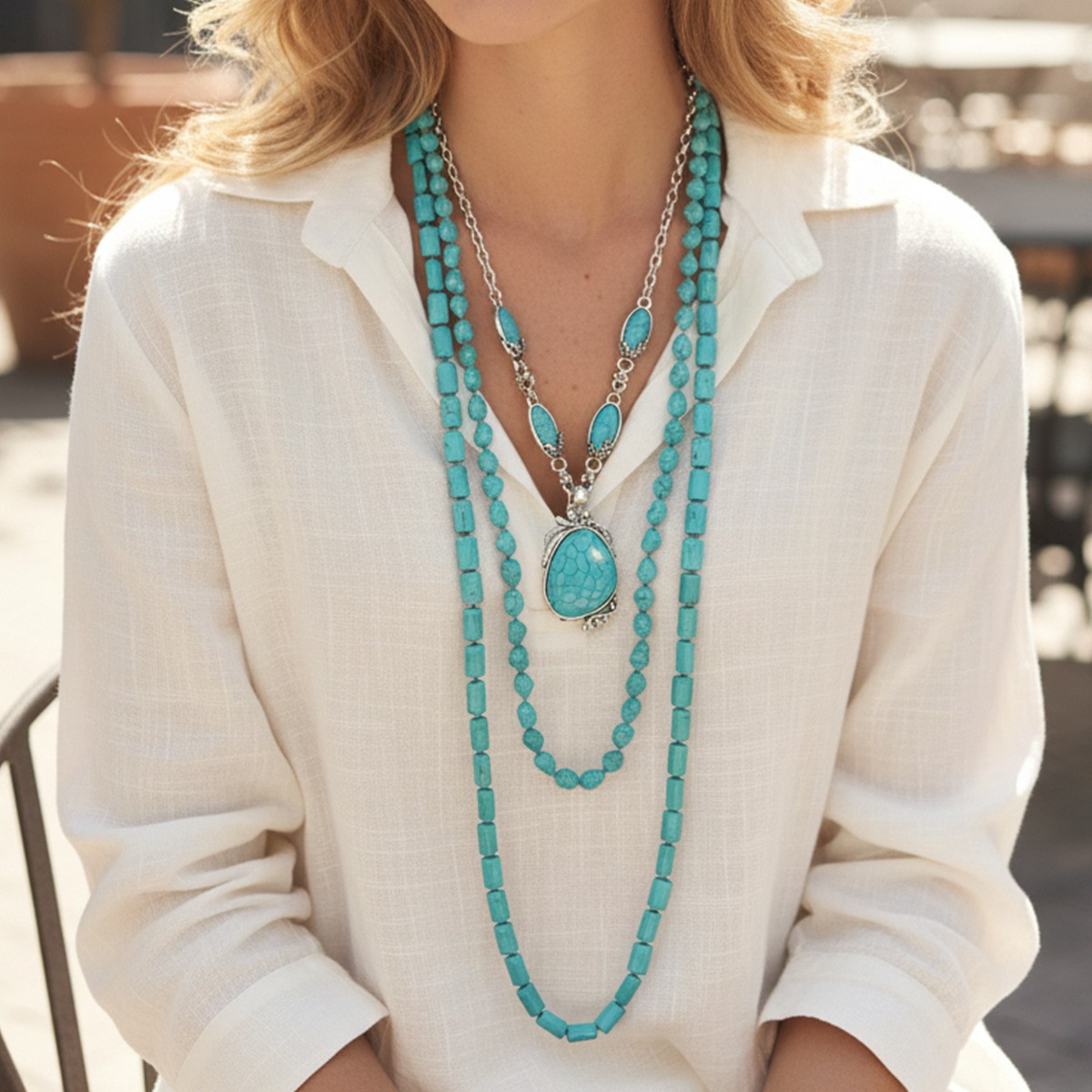 Asymmetrical Irregular Long Necklace For Women With Turquoise Inlay On Beaded Chain 2