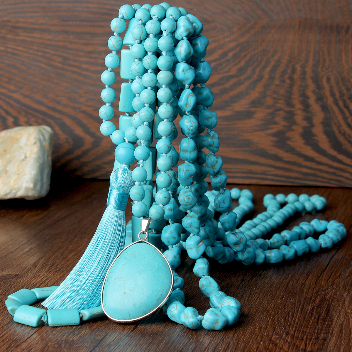 Asymmetrical Irregular Long Necklace For Women With Turquoise Inlay On Beaded Chain 4