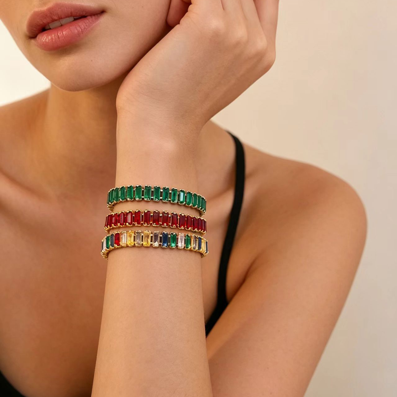 Asymmetrical Rectangle Bracelets For Women In Copper With Golden Plated Water Plating And Zircon Inlay On Figaro Chain