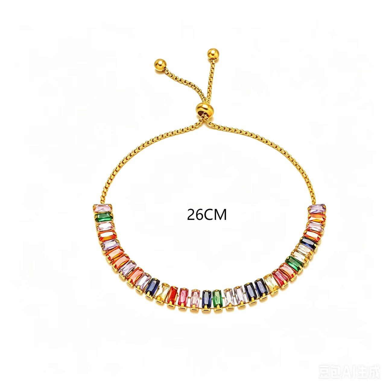 Asymmetrical Rectangle Bracelets For Women In Copper With Golden Plated Water Plating And Zircon Inlay On Figaro Chain 6