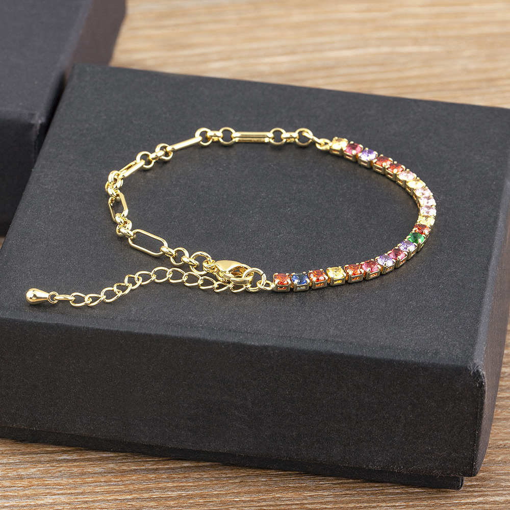 Asymmetrical Women's Bracelet In Copper With 18K Real Gold Electroplated Finish Featuring Zircon Inlay 3