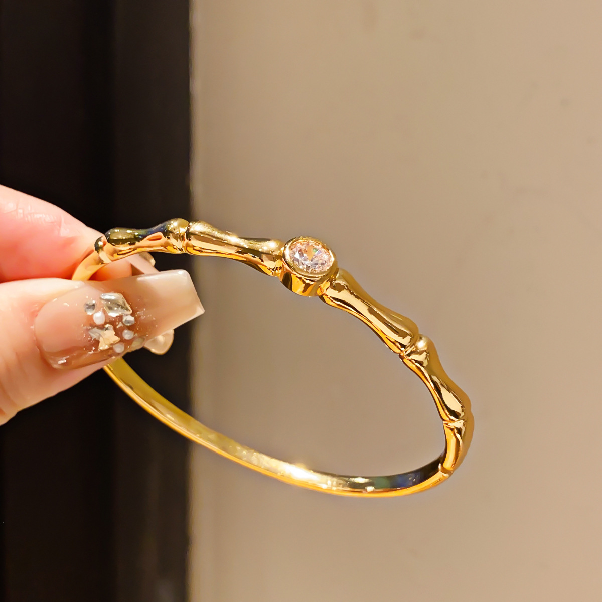 Bamboo Tube Bangle For Women With Inlay Zircon, Electroplated Copper Featuring 18K Real Gold Plated Finish 3