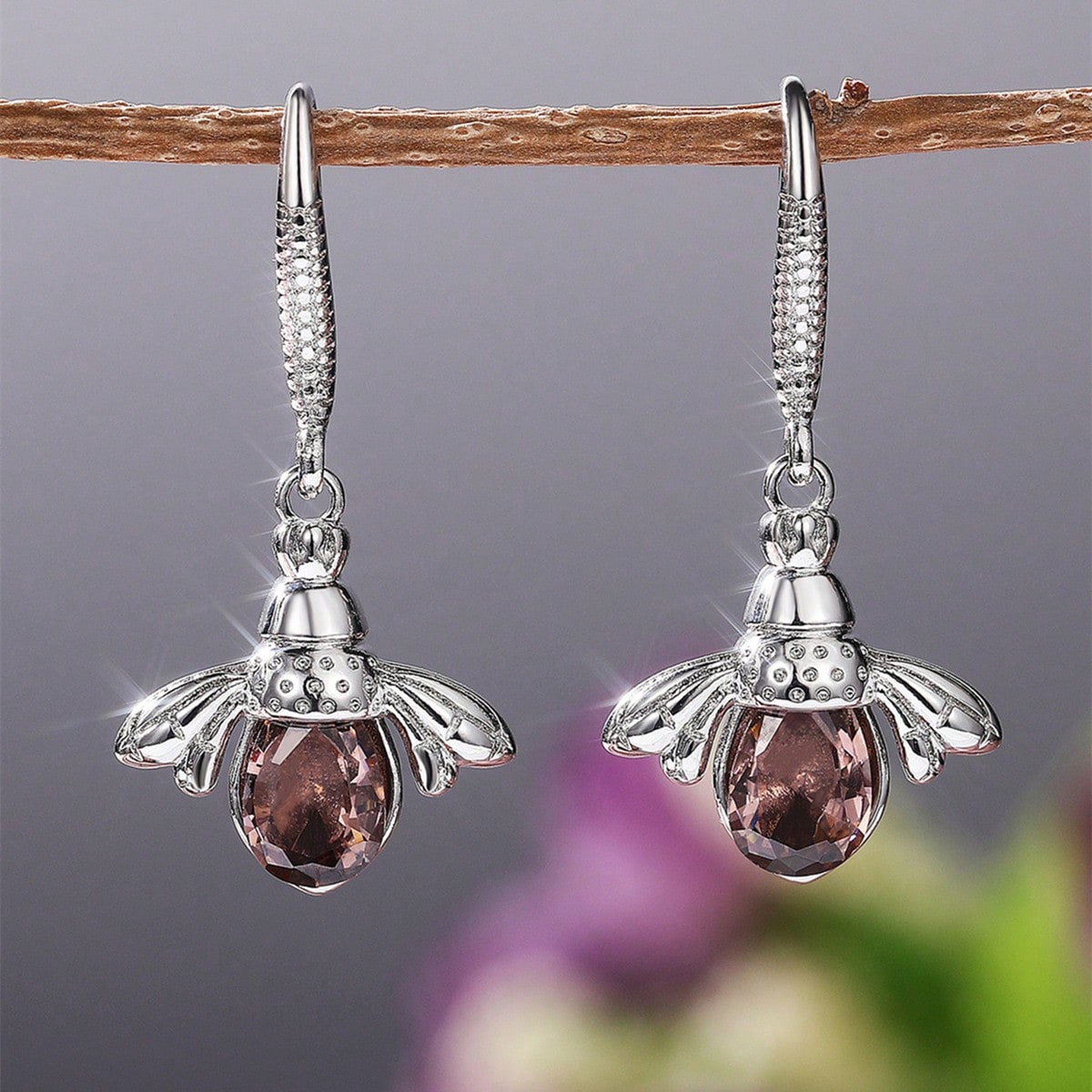 Bee Drop Earrings For Women With Claw Setting, White K Plated Copper, Water Plating, Featuring Zircon Inlay