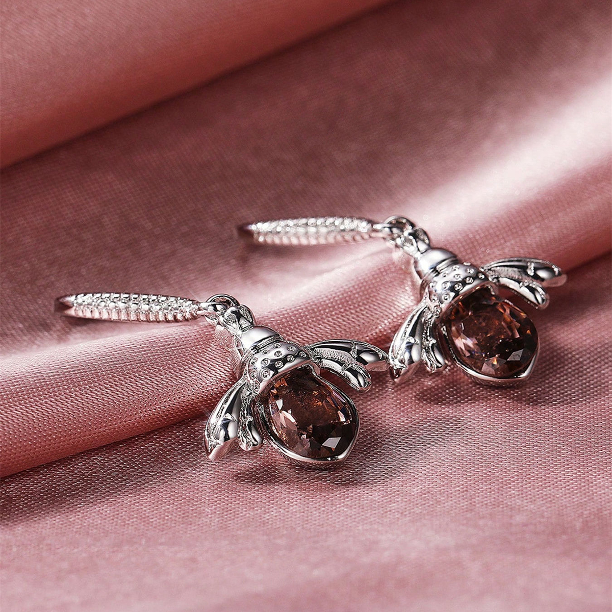 Bee Drop Earrings For Women With Claw Setting, White K Plated Copper, Water Plating, Featuring Zircon Inlay 2