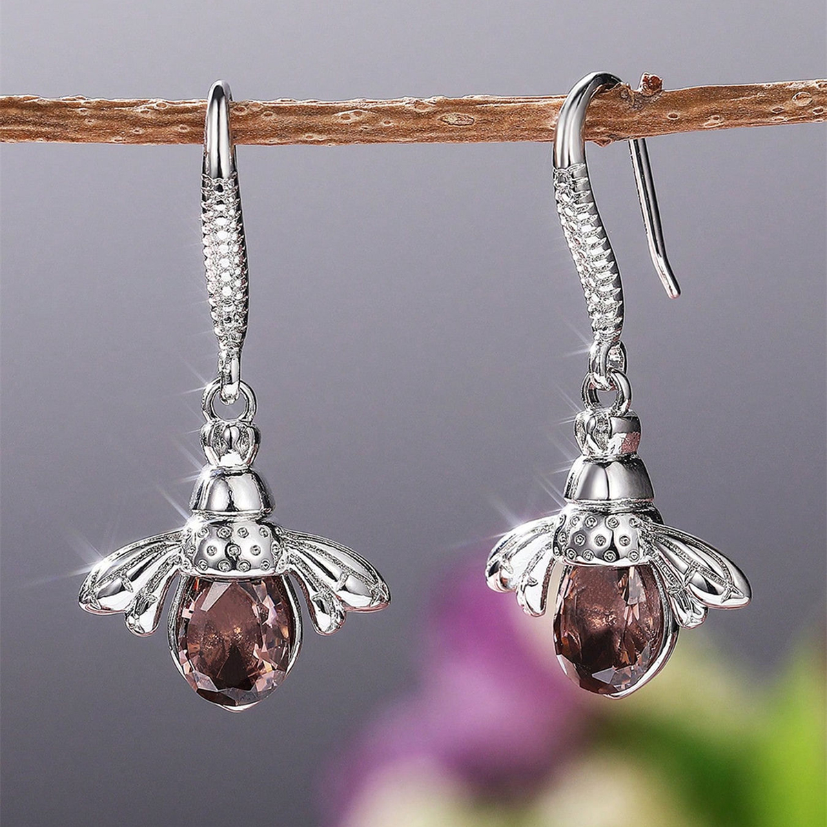 Bee Drop Earrings For Women With Claw Setting, White K Plated Copper, Water Plating, Featuring Zircon Inlay 3