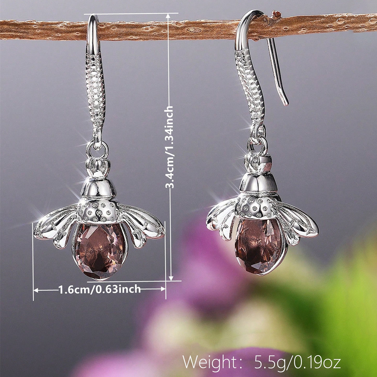 Bee Drop Earrings For Women With Claw Setting, White K Plated Copper, Water Plating, Featuring Zircon Inlay 4