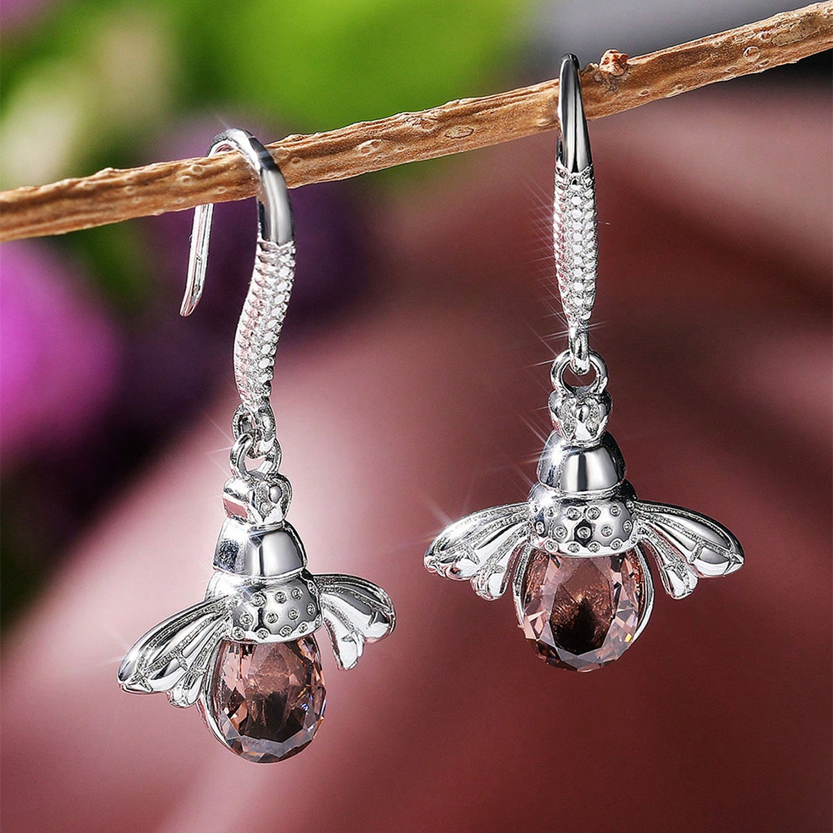 Bee Drop Earrings For Women With Claw Setting, White K Plated Copper, Water Plating, Featuring Zircon Inlay 5