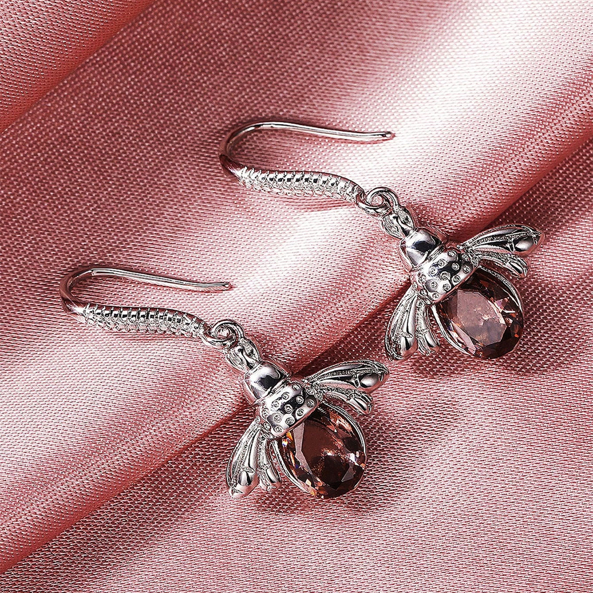 Bee Drop Earrings For Women With Claw Setting, White K Plated Copper, Water Plating, Featuring Zircon Inlay 6