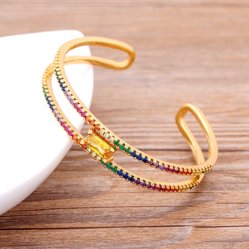 Bohemian Rainbow Bangle In 18K Real Gold Plated Copper With Electroplated Finish And Rhinestone Inlay