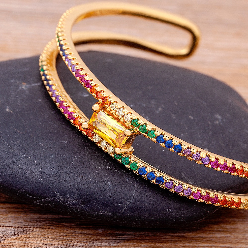 Bohemian Rainbow Bangle In 18K Real Gold Plated Copper With Electroplated Finish And Rhinestone Inlay 3
