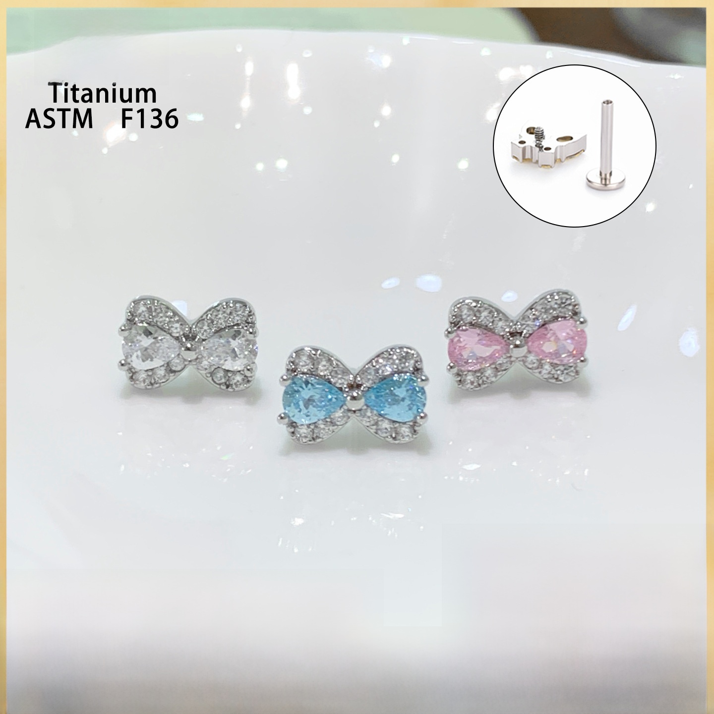 Bow Tie Cartilage Earrings For Women In Titanium Alloy With Platinum Plating And Zircon Inlay Featuring Flat Back Studs 2