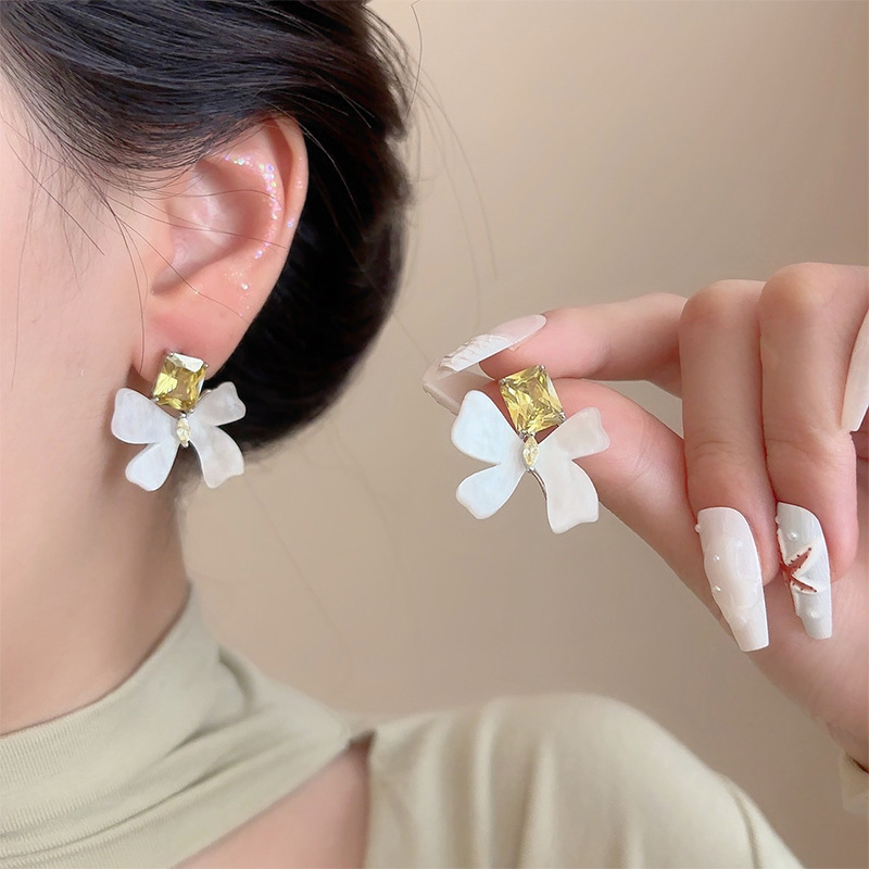 Bow Tie Earrings For Women Featuring Acrylic Material With Zircon Inlay, 14K Real Gold Plated And 925 Sterling Silver Posts