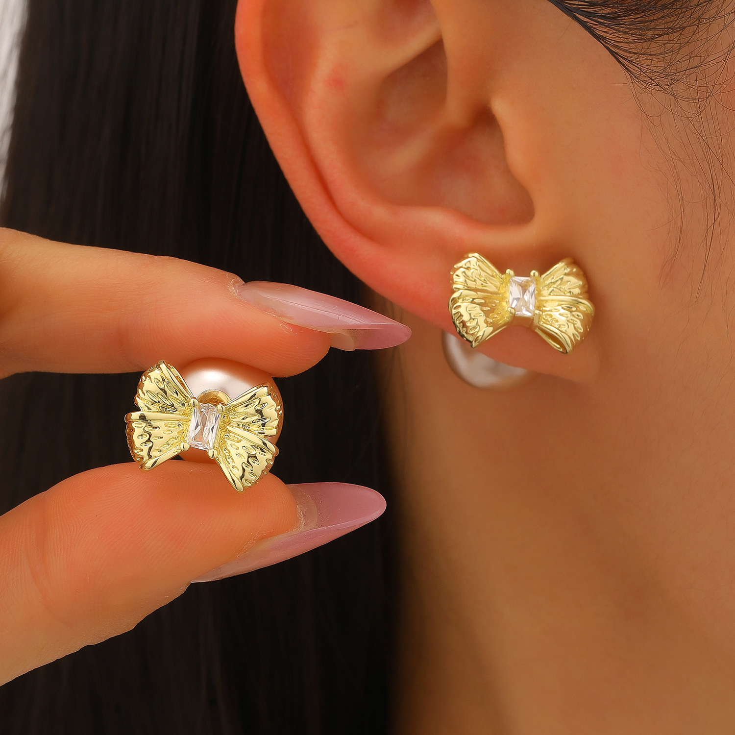 Bow Tie Stud Earrings With Bezel Setting, 14K Real Gold Plated Copper Featuring Zircon Inlay