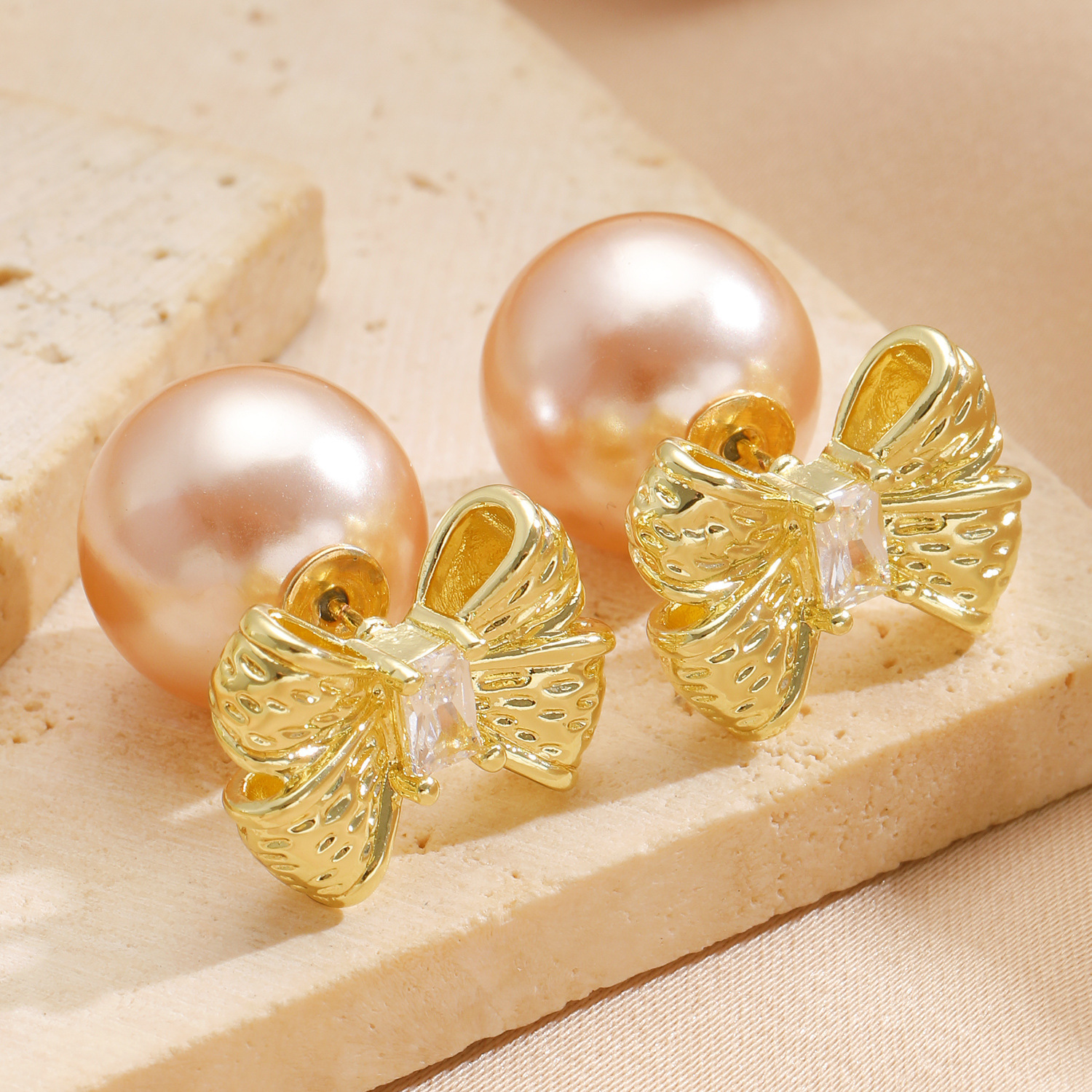 Bow Tie Stud Earrings With Bezel Setting, 14K Real Gold Plated Copper Featuring Zircon Inlay 3