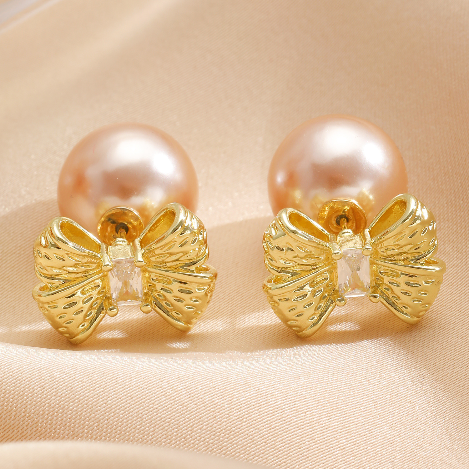 Bow Tie Stud Earrings With Bezel Setting, 14K Real Gold Plated Copper Featuring Zircon Inlay 4