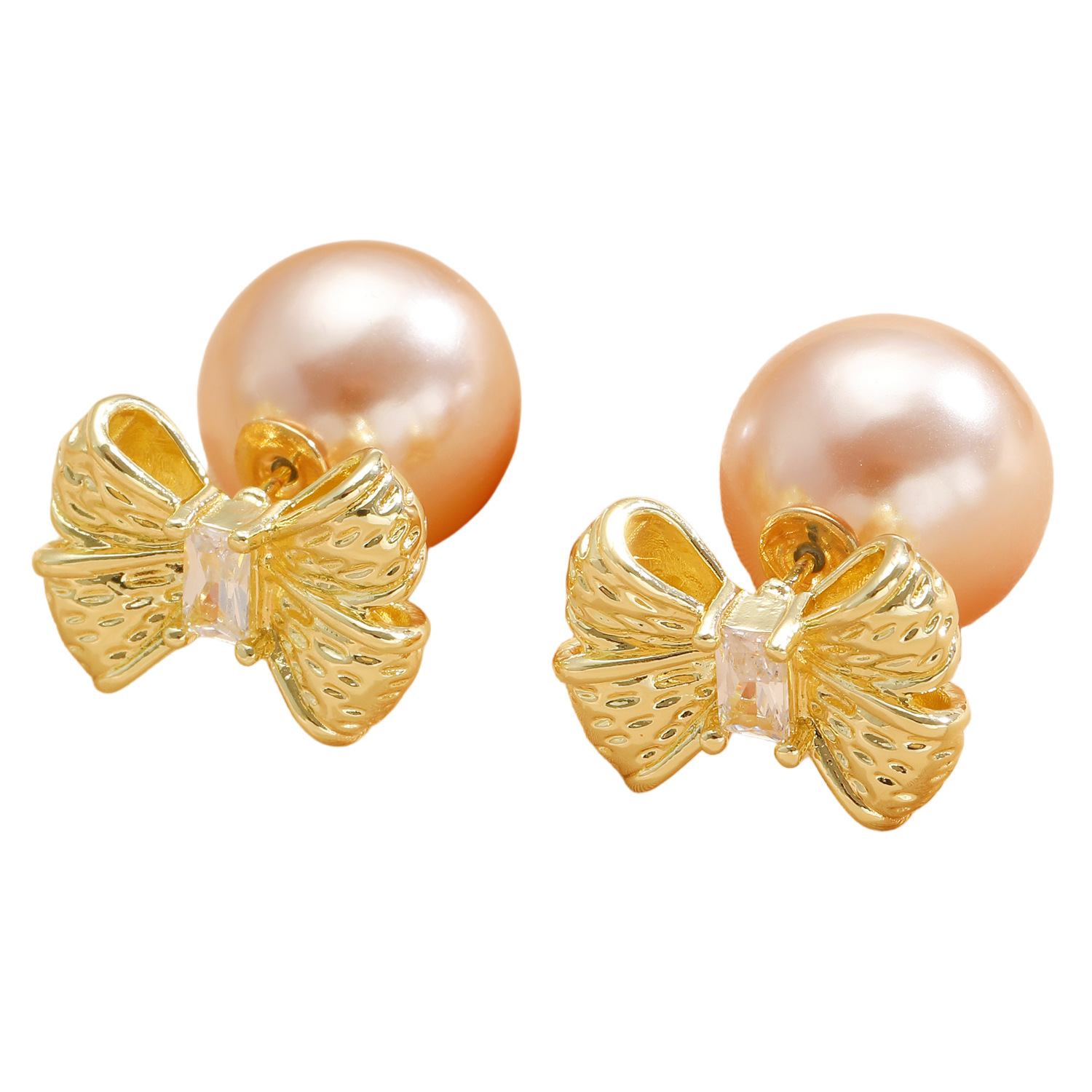 Bow Tie Stud Earrings With Bezel Setting, 14K Real Gold Plated Copper Featuring Zircon Inlay 5