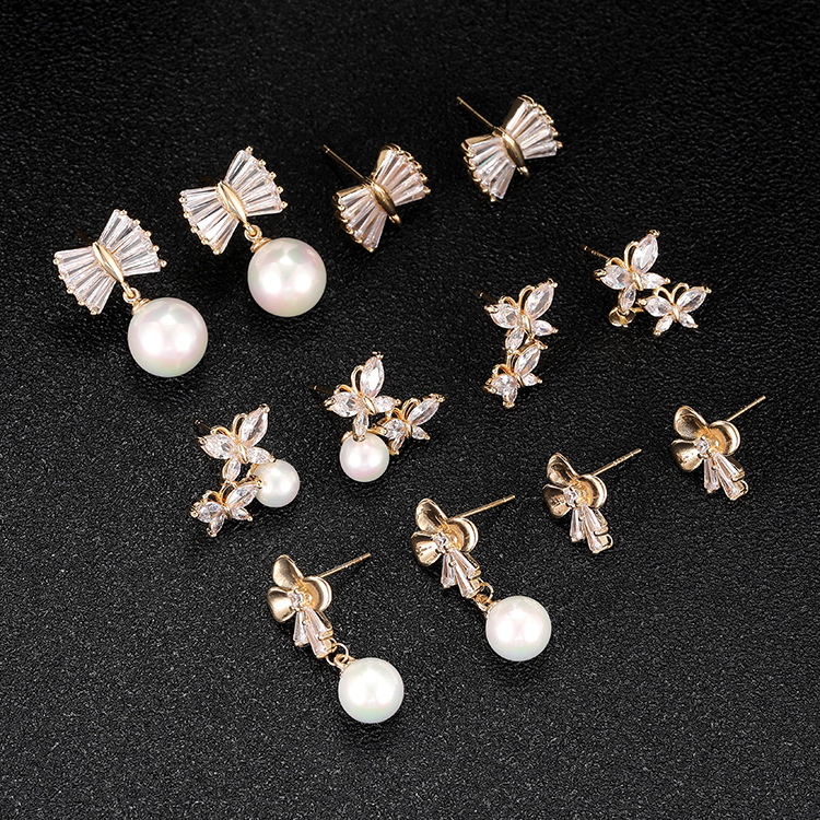 Bow Tie Stud Earrings For Women In Copper With Zirconia Inlay, 14K Real Gold Plated And 925 Sterling Silver Posts