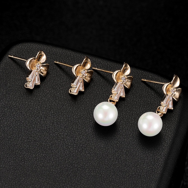 Bow Tie Stud Earrings For Women In Copper With Zirconia Inlay, 14K Real Gold Plated And 925 Sterling Silver Posts 2
