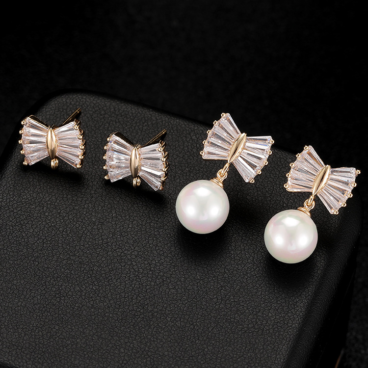 Bow Tie Stud Earrings For Women In Copper With Zirconia Inlay, 14K Real Gold Plated And 925 Sterling Silver Posts 4