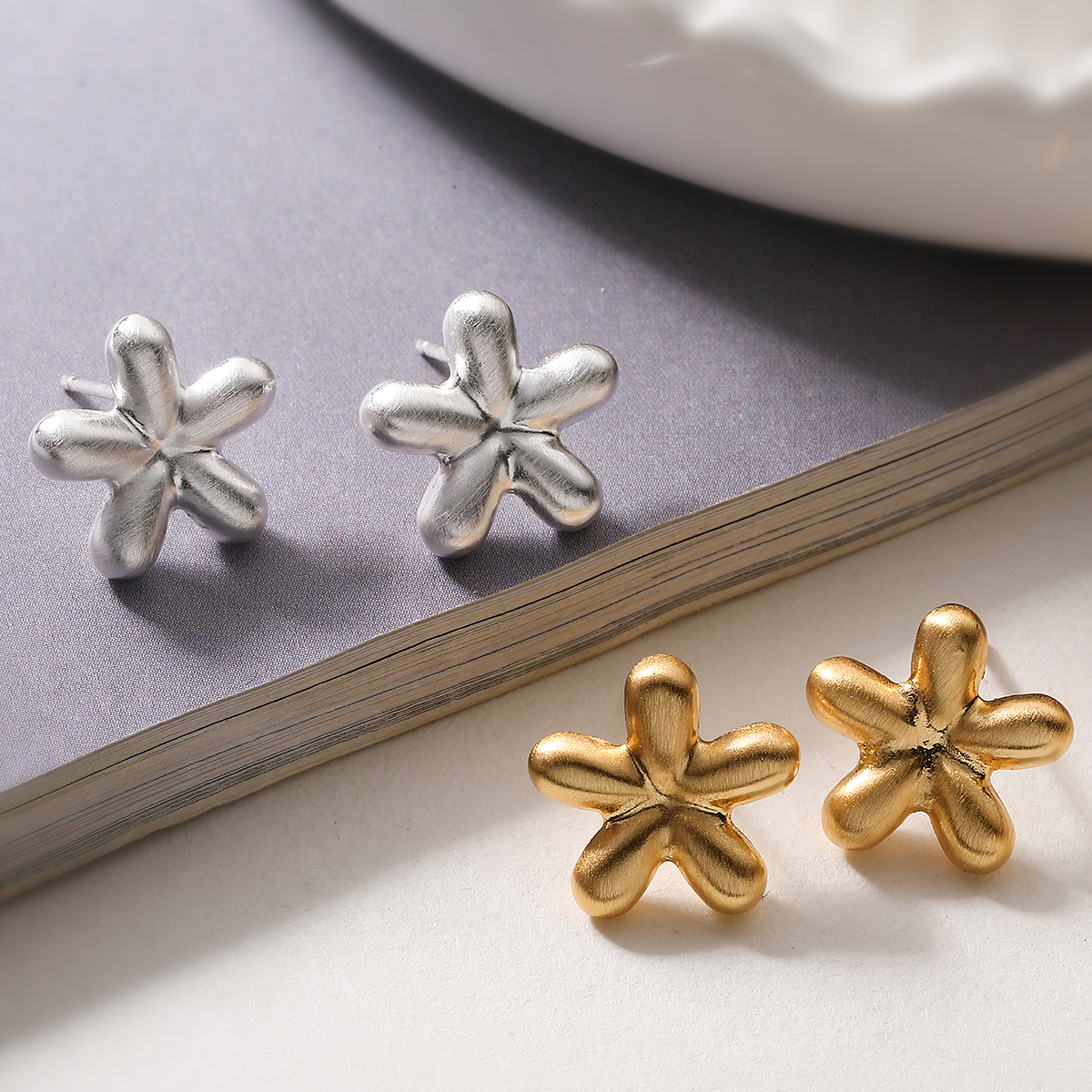 Brushed Flowers Stud Earrings For Women In Copper With 18K Real Gold Water Plating And Zircon Inlay