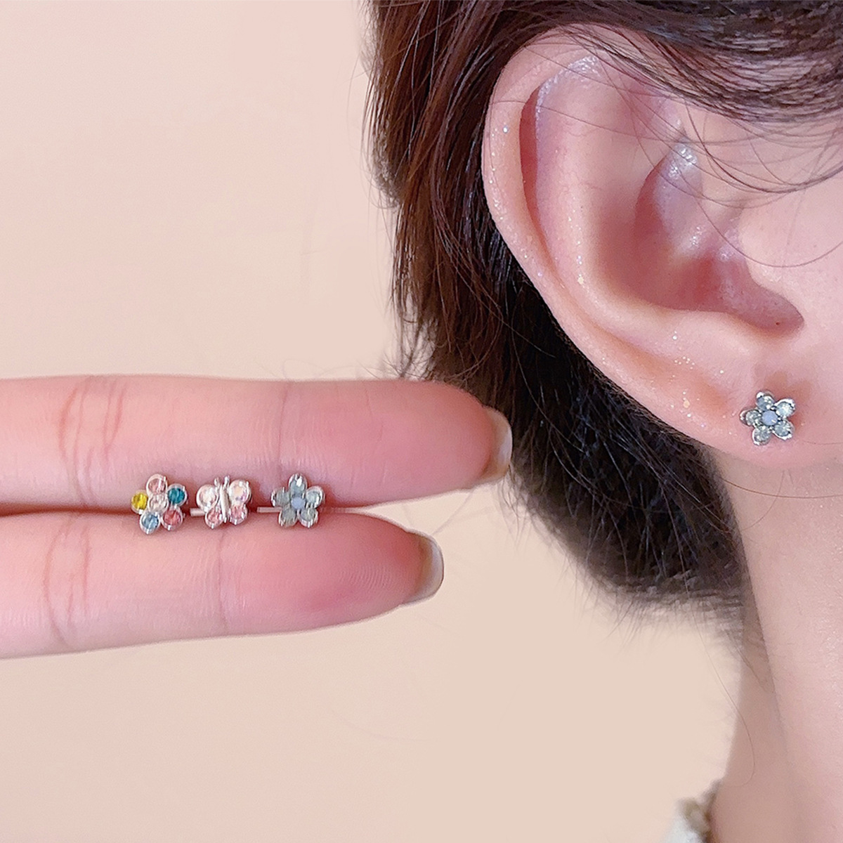 Butterfly Copper Stud Earrings With Zircon Inlay, Flat Back Studs In New Style For Unisex 2