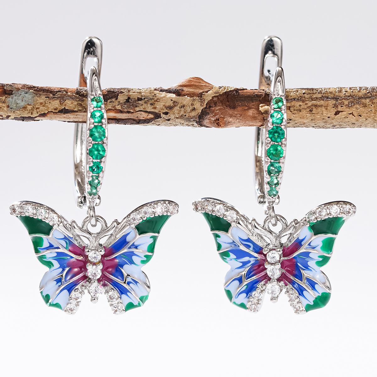Butterfly Drop Earrings For Women With Epoxy Craft, Copper Base, White K Water Plating, And Zircon Inlay