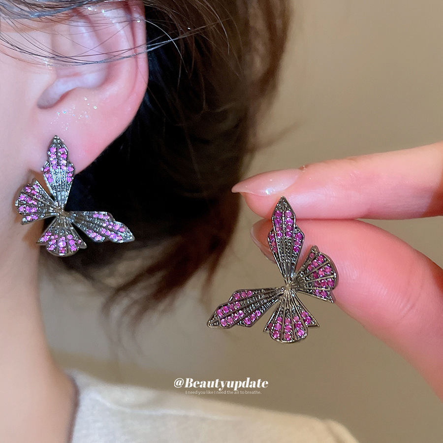 Butterfly Stud Earrings For Women With Copper And Zircon Inlay, Featuring 304 Stainless Steel Posts In Purple