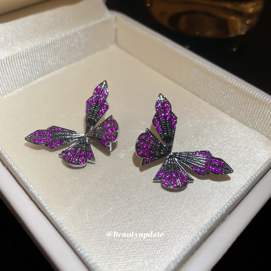 Butterfly Stud Earrings For Women With Copper And Zircon Inlay, Featuring 304 Stainless Steel Posts In Purple 2