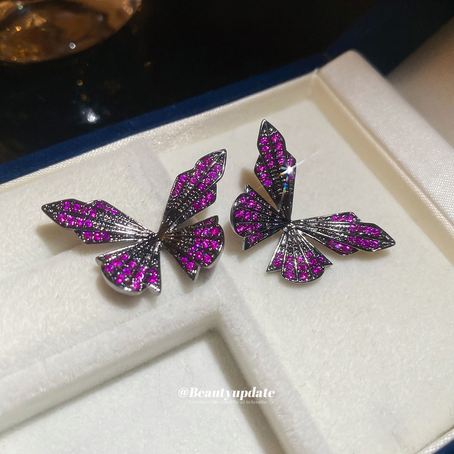 Butterfly Stud Earrings For Women With Copper And Zircon Inlay, Featuring 304 Stainless Steel Posts In Purple 4