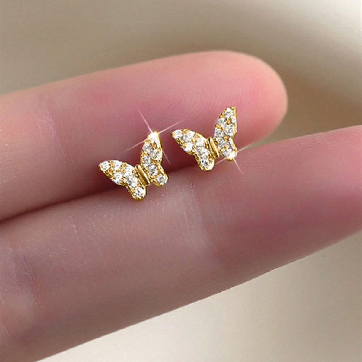 Butterfly Stud Earrings For Women With Claw Setting, Copper Base With KC Golden Water Plating And Zircon Inlay 2
