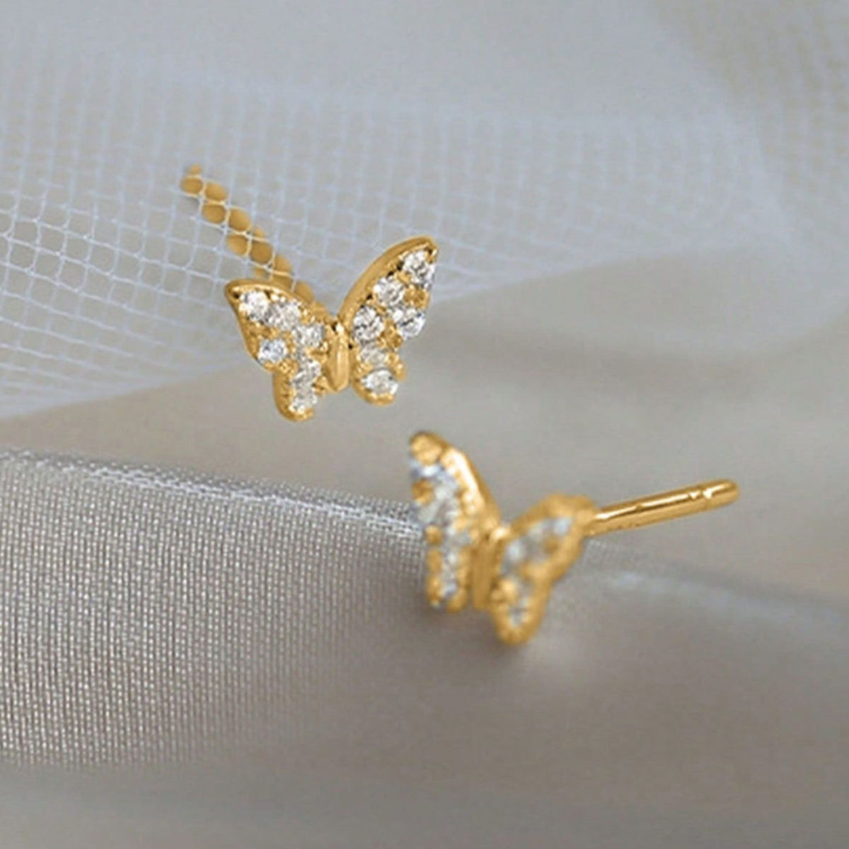 Butterfly Stud Earrings For Women With Claw Setting, Copper Base With KC Golden Water Plating And Zircon Inlay 4