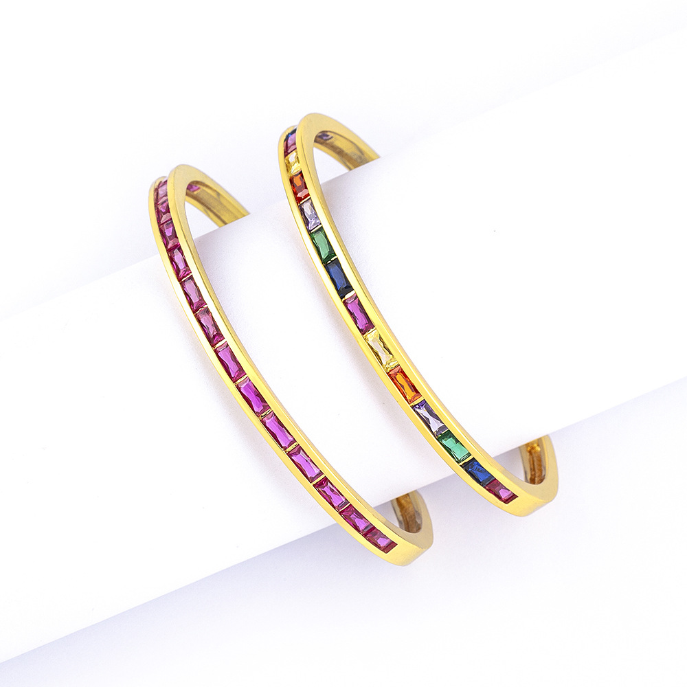 C Shape Copper Bangle With Rhinestones Inlay, 18K Real Gold Plated And Electroplated Finish