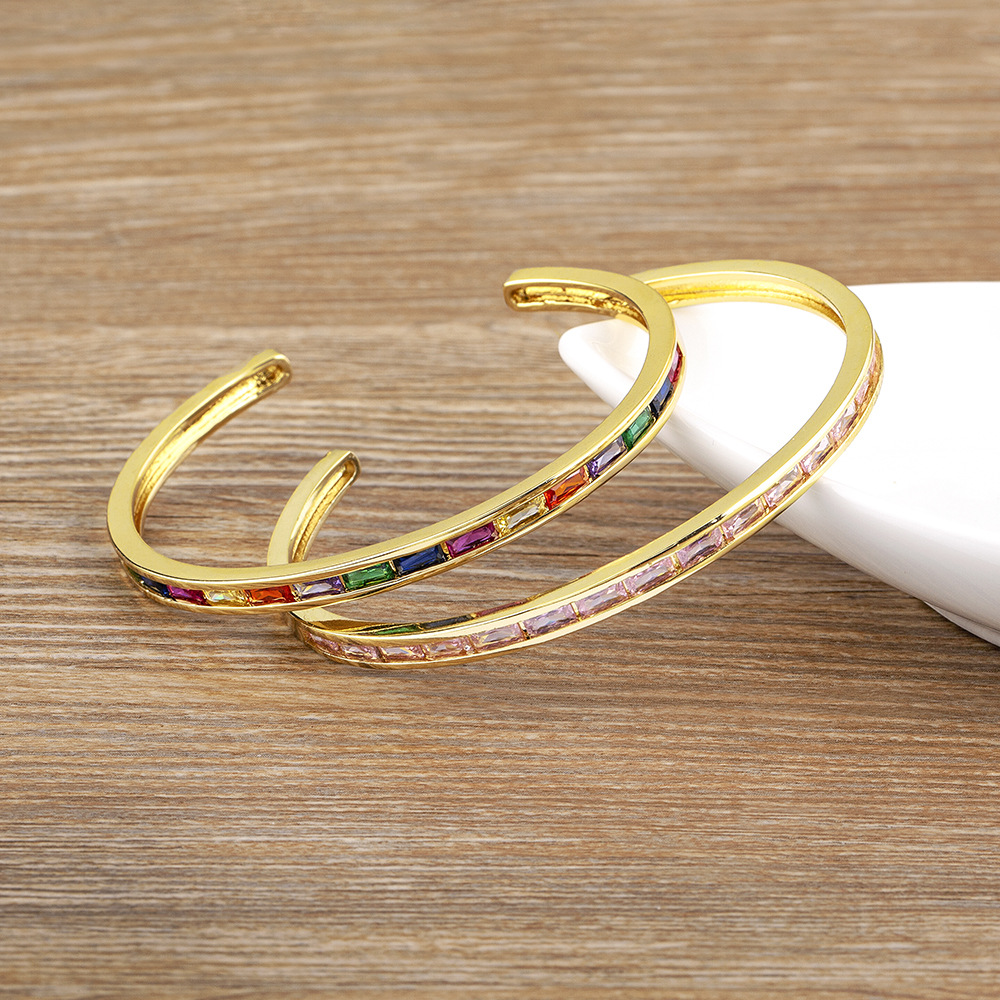 C Shape Copper Bangle With Rhinestones Inlay, 18K Real Gold Plated And Electroplated Finish 3